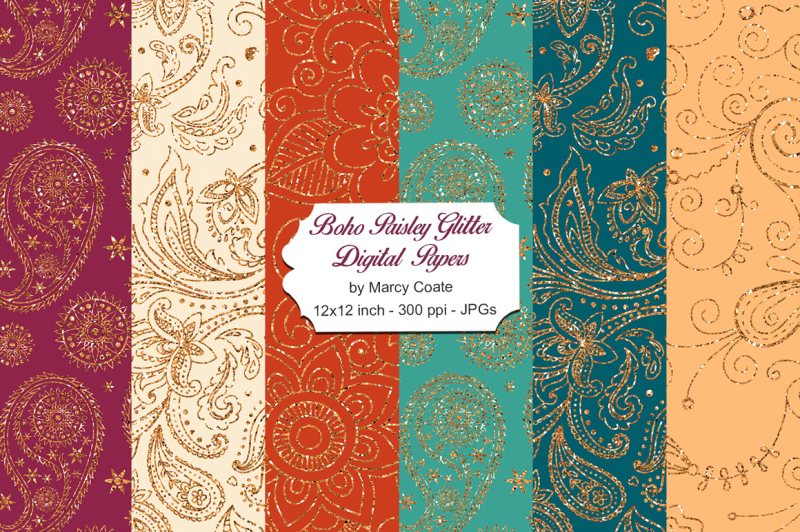 Boho Paisley Glitter Digital Papers By Marcy Coate TheHungryJPEG