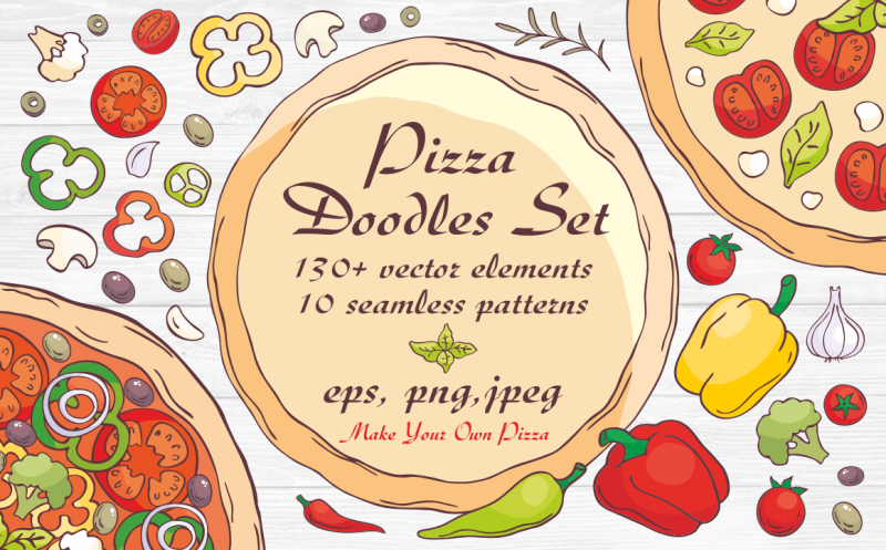 Pizza Doodles Set Vector Elements And Seamless Patterns By Olga