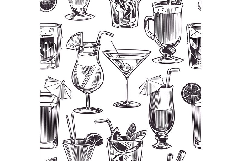 Cocktail Seamless Pattern Hand Drawn Cocktails And Alcohols Drink Wit