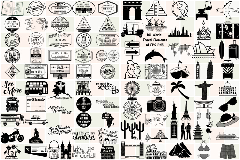 World Travel Elements 101 items AI EPS PNG By Me and Ameliè