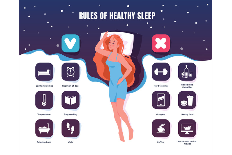 Healthy Sleep Cartoon Sleeping Woman Rest In Bed Bedtime Rules For B