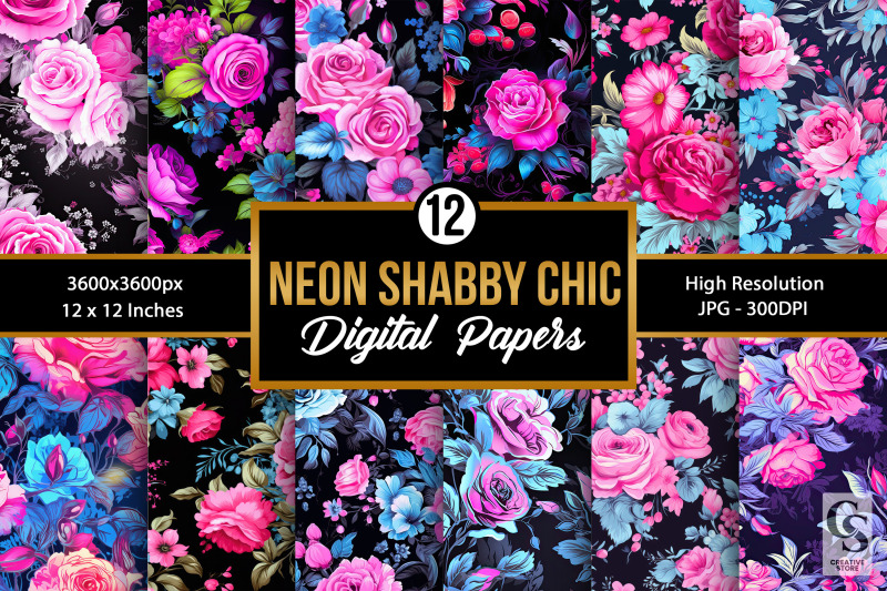 Neon Shabby Chic Flowers Digital Paper By CreativeStore TheHungryJPEG