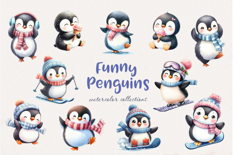 Funny Penguins Watercolor By Yuliia Shmadchenko Thehungryjpeg