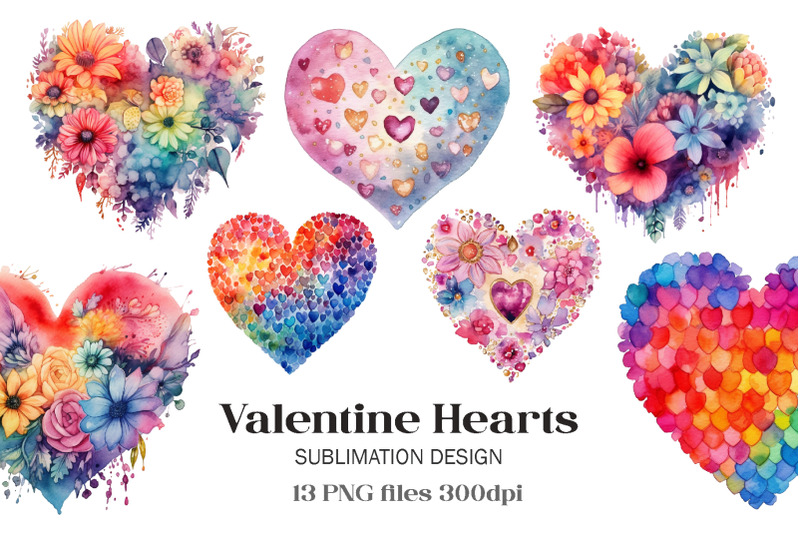 Watercolor Rainbow Valentine Day Hearts PNG By Larysa Zabrotskaya