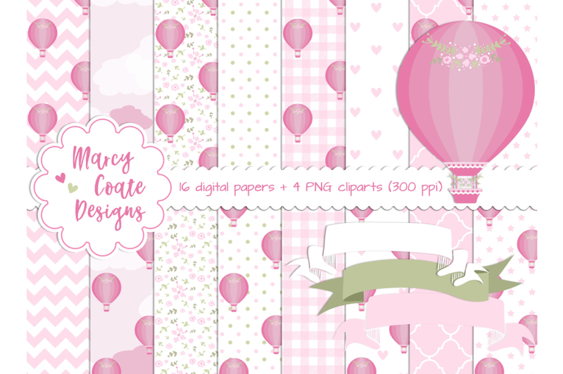 Pink Hot Air Balloon Digital Papers Clipart For Planners Stickers