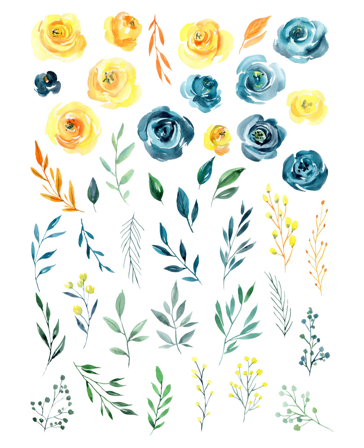 Blue Yellow Watercolor Roses Flowers By Watercolorflowers