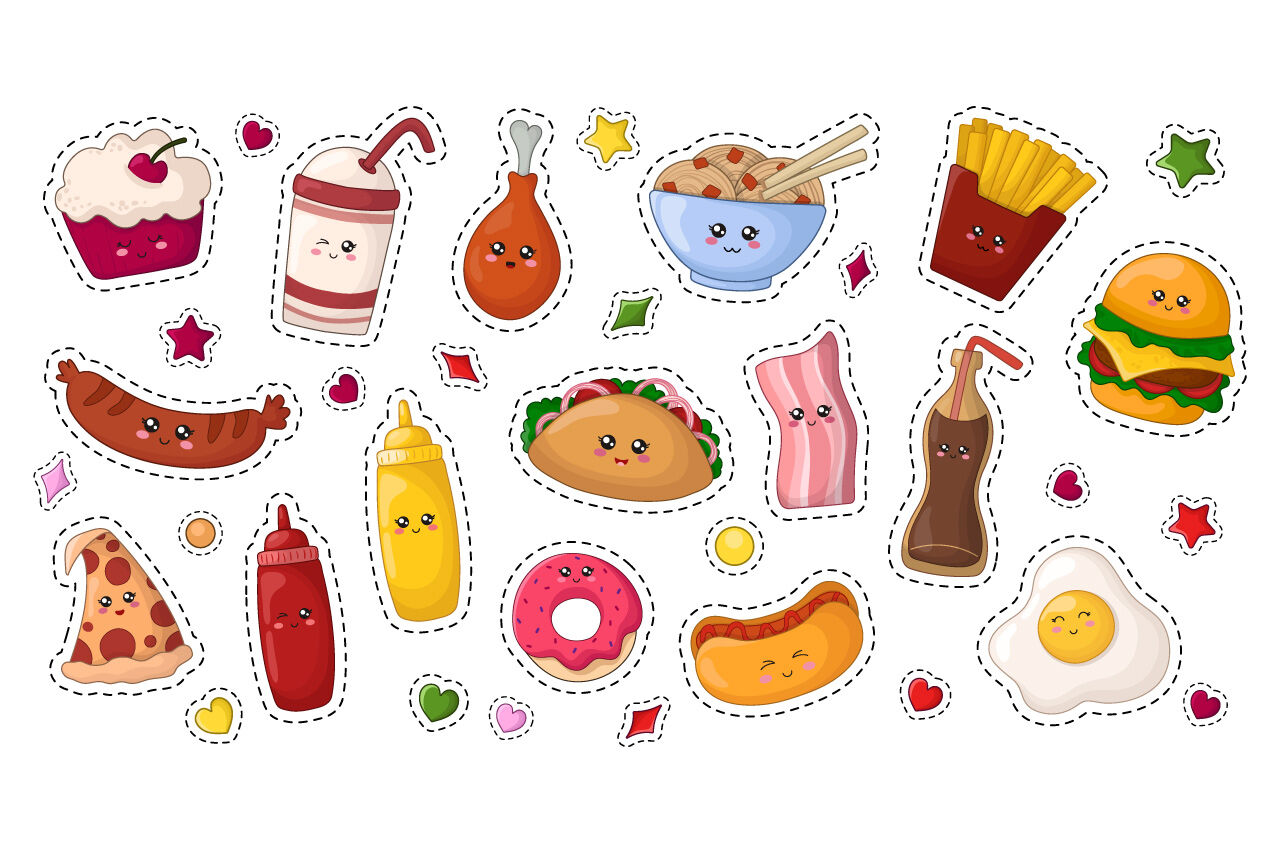 Cute Vector Kawaii Food Stickers By Watercolor Arts TheHungryJPEG