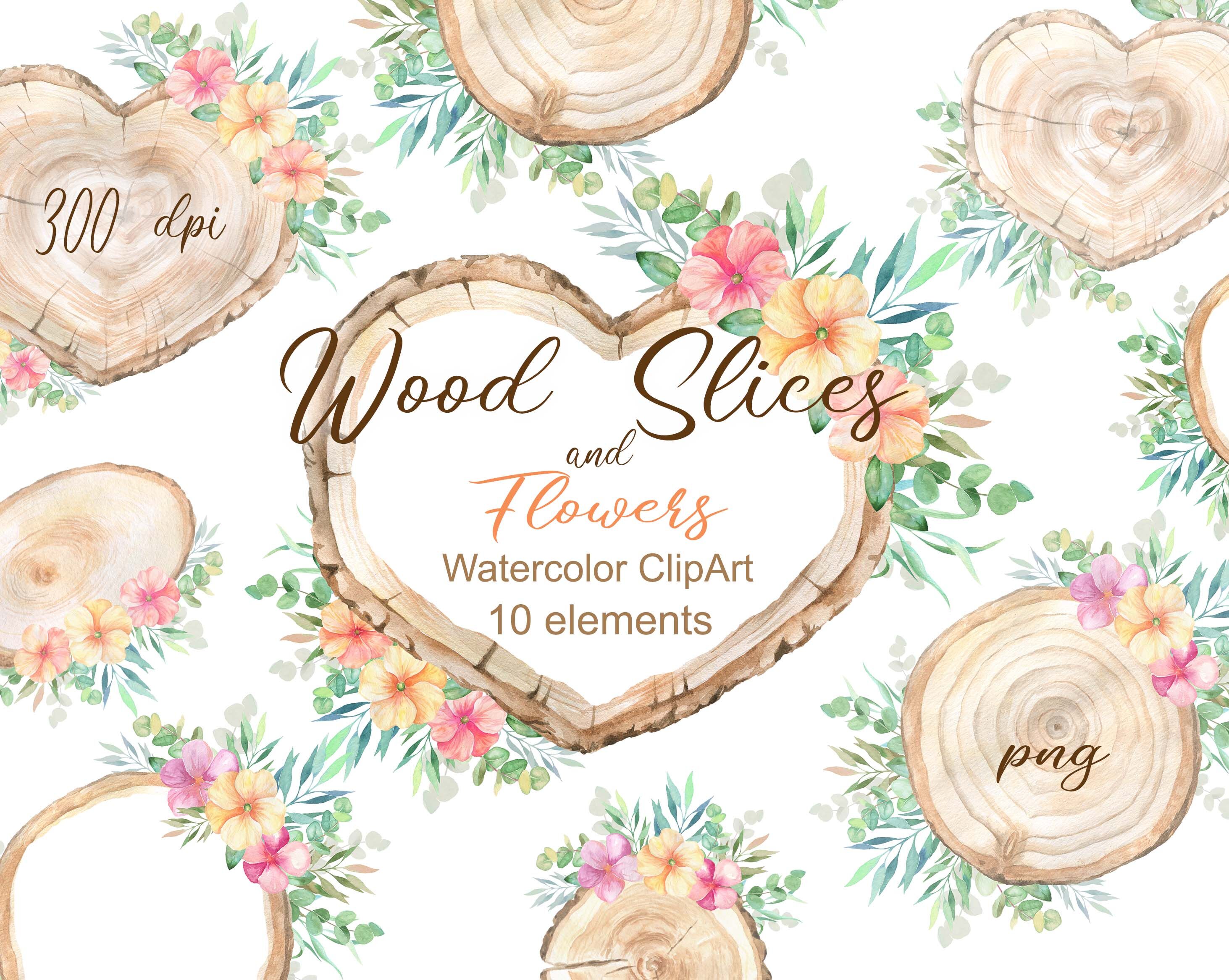 Watercolor Wood Slice Clipart Rustic Floral Spring Sign Slices Clip Ar