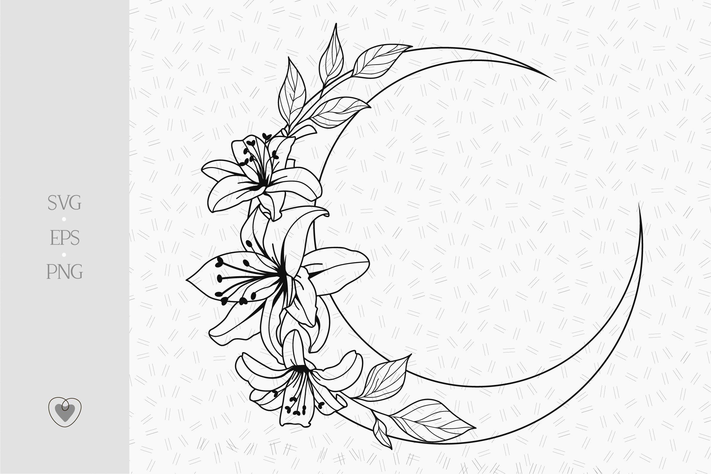 Digital File Crescent Moon Svg Moon Monogram Moon With Flower Svg Laser Cut Floral Moon Svg