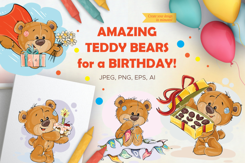 Lovely teddy bears. Happy Birthday. By VectorPocket | TheHungryJPEG.com