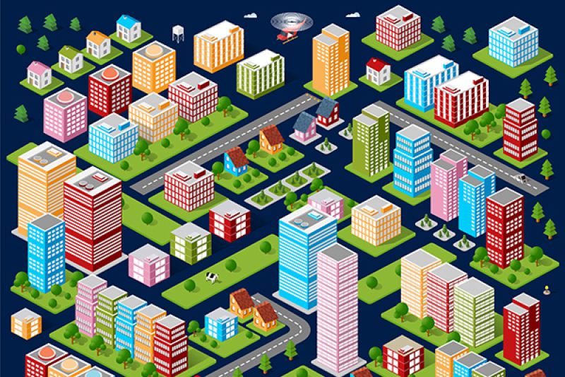 Vector set of isometric urban objects By Alexzel | TheHungryJPEG