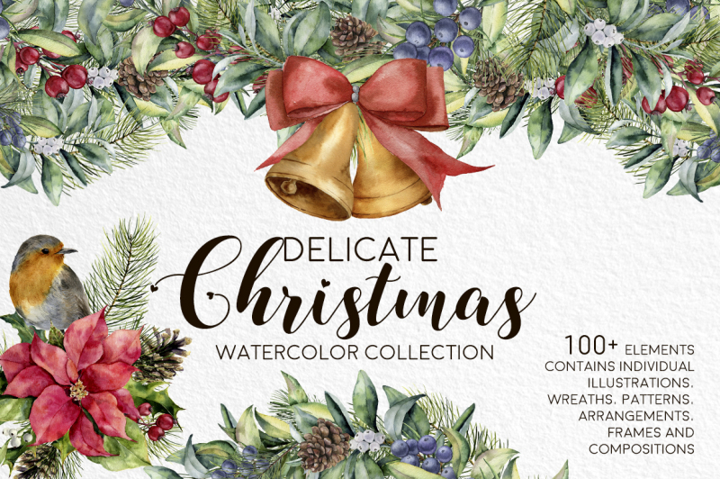 Delicate Christmas. Watercolor bundle By Yuliya Derbisheva Watercolor ...