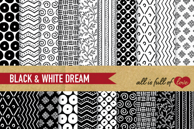 Hand drawn Black and White Digital Paper Pack: Dream Collection By All ...