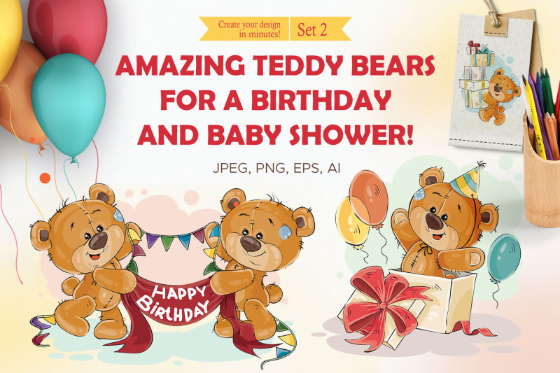 Lovely teddy bears. Happy Birthday. By VectorPocket | TheHungryJPEG