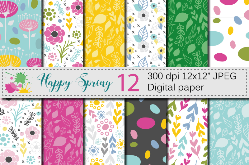 Seamless Bright Spring Digital Paper / Hand drawn floral patterns By VR ...