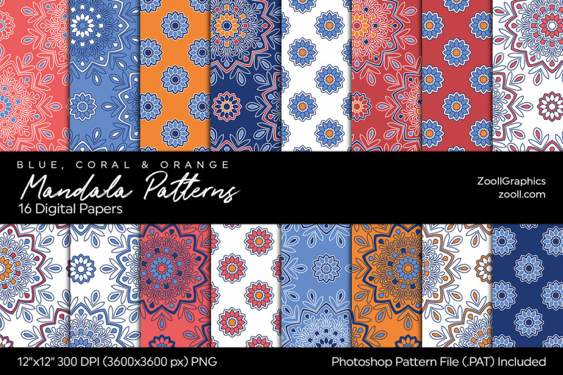 Mandala Digital Papers - Blue, Coral & Orange By ZoollGraphics ...