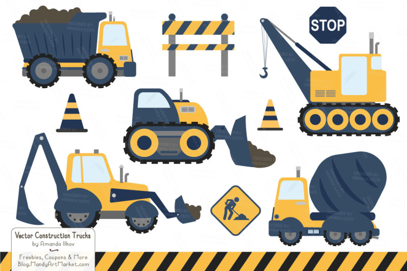 Navy & Lemon Vector Construction Trucks Clipart By Amanda Ilkov ...