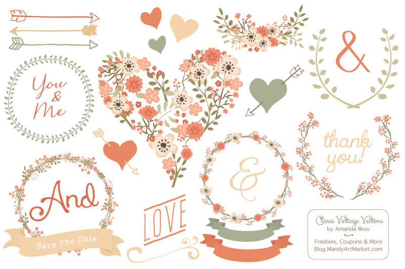 Clara Vintage Floral Wedding Heart Clipart in Antique Peach By Amanda ...