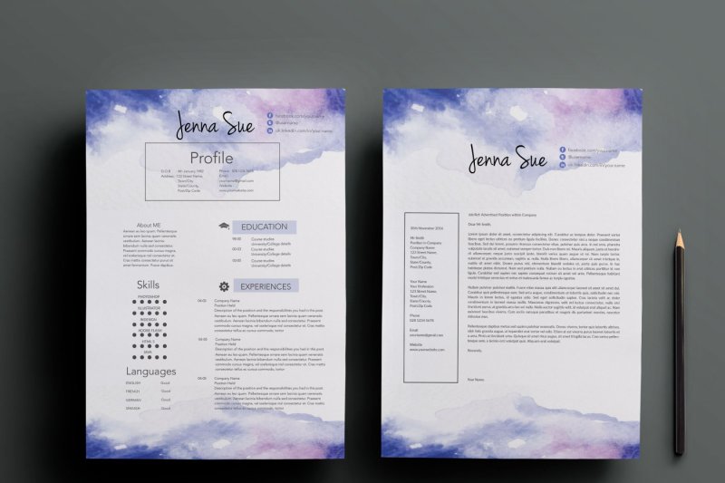 Creative Cv Template Cover Letter Template Watercolor Background