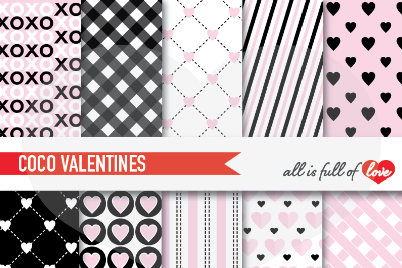 Coco Chanel Valentines Background Patterns Black & Pink Digital Paper Pack  By All is full of love