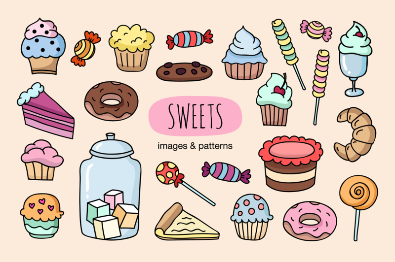 Hand drawn sweets & sweet patterns By Redchocolate Illustration