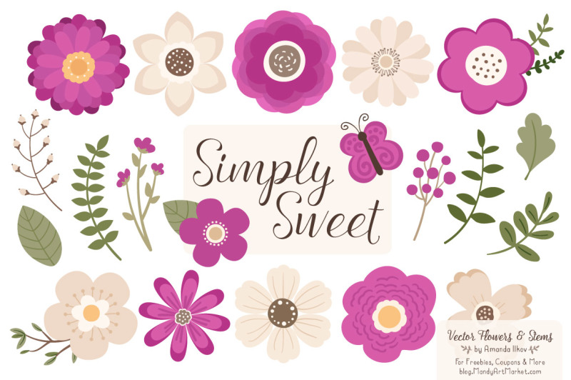Simply Sweet Vector Flowers & Stems Clipart in Fuchsia By Amanda Ilkov