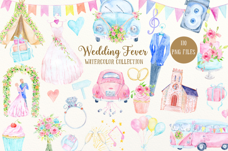 Watercolor Collection Wedding Fever By Cornercroft | TheHungryJPEG