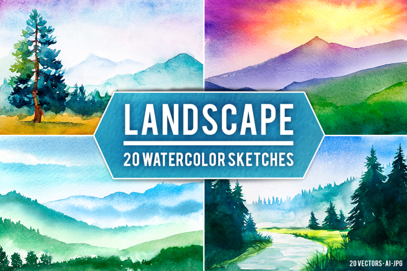 Landscape. Watercolor sketches. By Alex Green | TheHungryJPEG