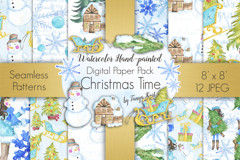 Christmas Time Watercolor Digital Paper By Tanya Kart | TheHungryJPEG