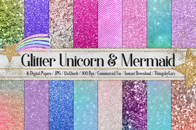 Download 16 Magical Fairy Tale Unicorn Mermaid Glitter Digital ...