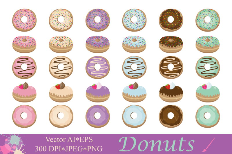 Donuts clipart / Dessert illustrations / Cute donut vector graphics By ...