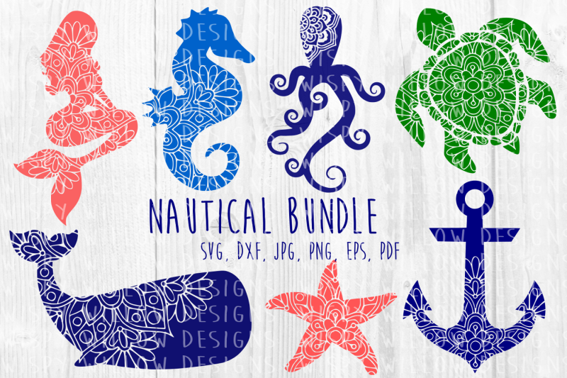 Nautical Sea Animal Mandala Bundle, Mermaid, Whale, Turtle, Starfish By