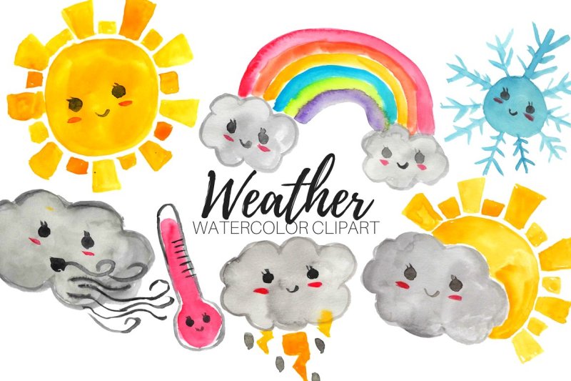 Watercolor Kawaii Weather Clipart By Writelovely | TheHungryJPEG