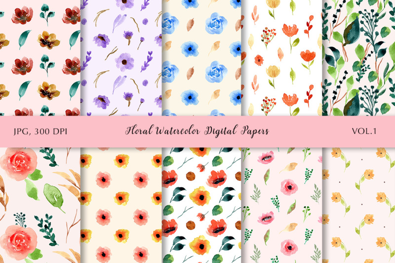 Floral Watercolor Digital Papers Vol.1 By Wulano | TheHungryJPEG