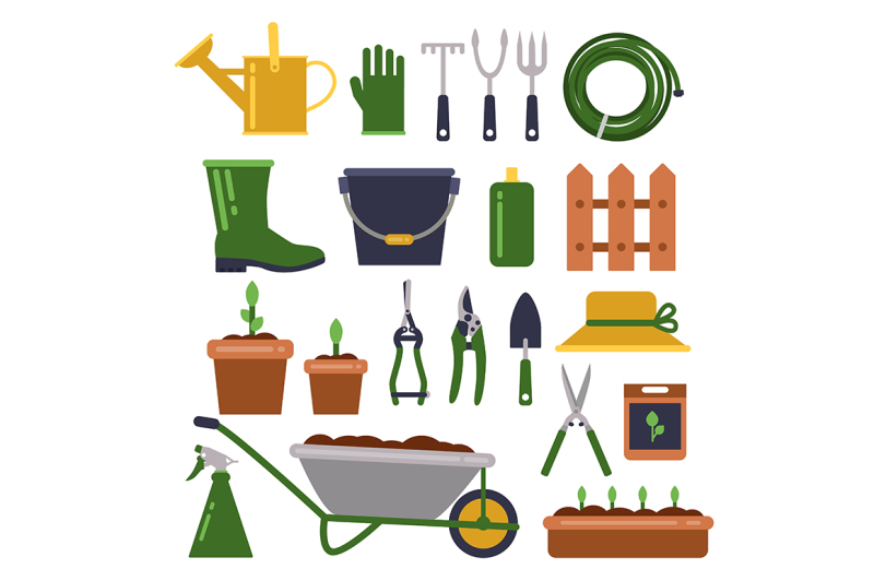 Different work tools for gardening. Vector icons set in flat style By ...