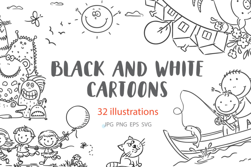 Black and white cartoon illustrations By Optimistic Kids Art