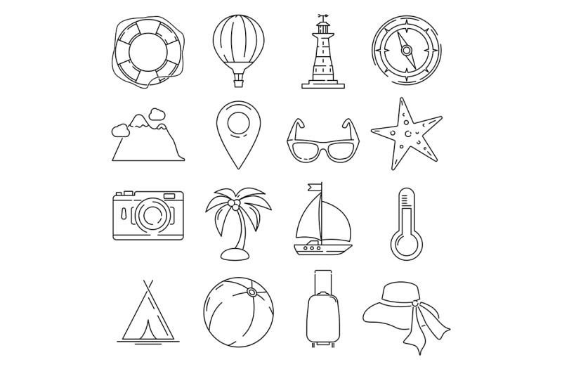 Outline summer or vacation vector icon set isolate on white background ...