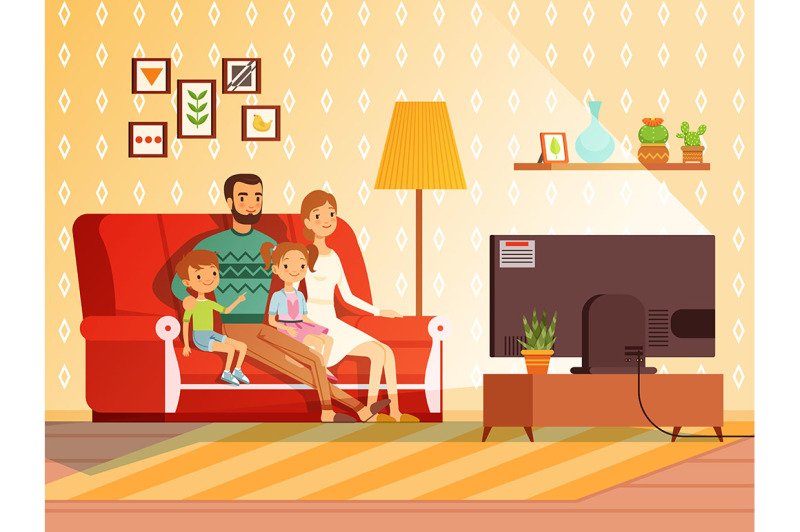 Lifestyle Of Modern Family. Mother, Father And Children Watching Tv By 