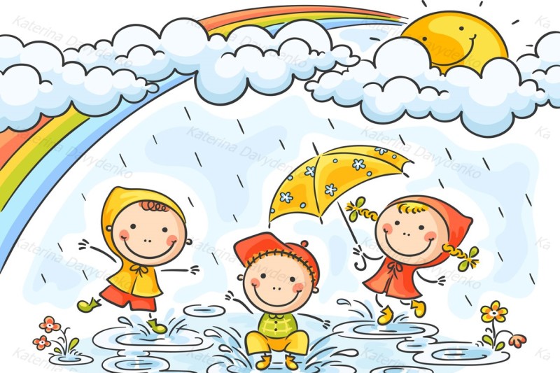 Kids playing in the rain By Optimistic Kids Art | TheHungryJPEG