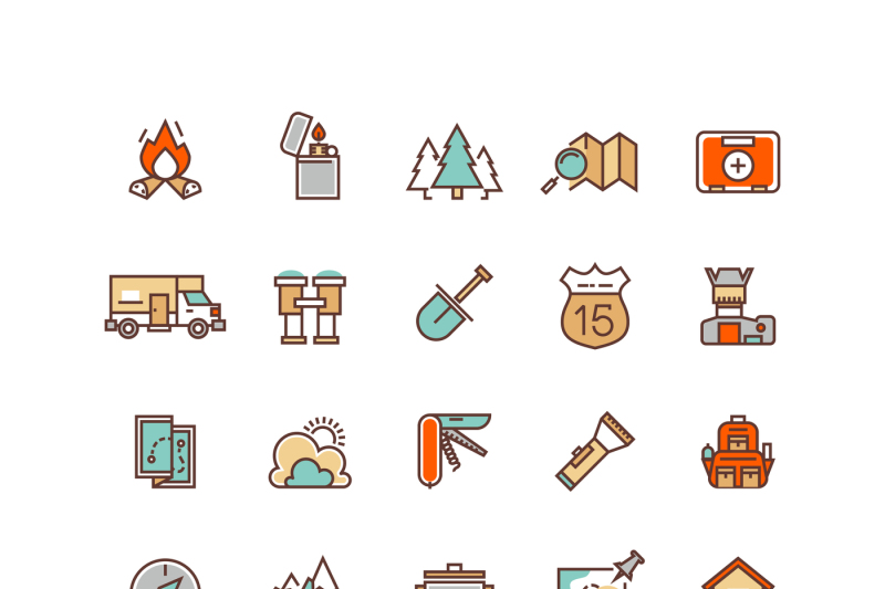 Camping And Hiking Flat Vector Icons For Infographics By Microvector Thehungryjpeg Com