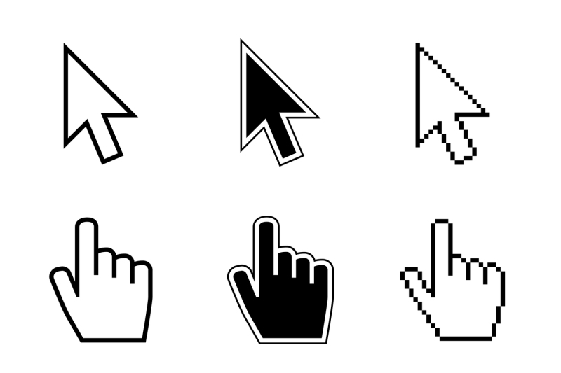 Pixel cursor pointer, hand, arrow, hourglass, click, press vector icon ...