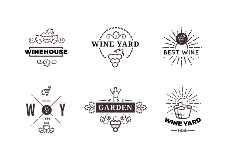 Hipster Wine Making Grape Vector Labels Logos Emblems Set By Microvector Thehungryjpeg Com