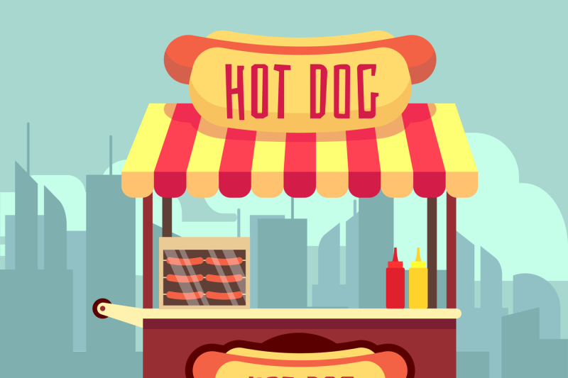 Street food vending cart with hot dogs vector illustration By ...