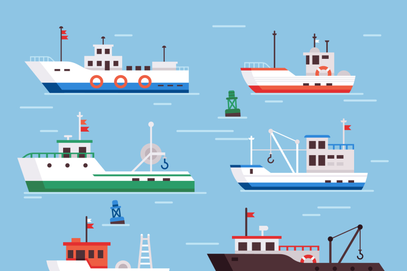 Flat fishing boats. Commercial fishery ships, seafood industry ship an ...