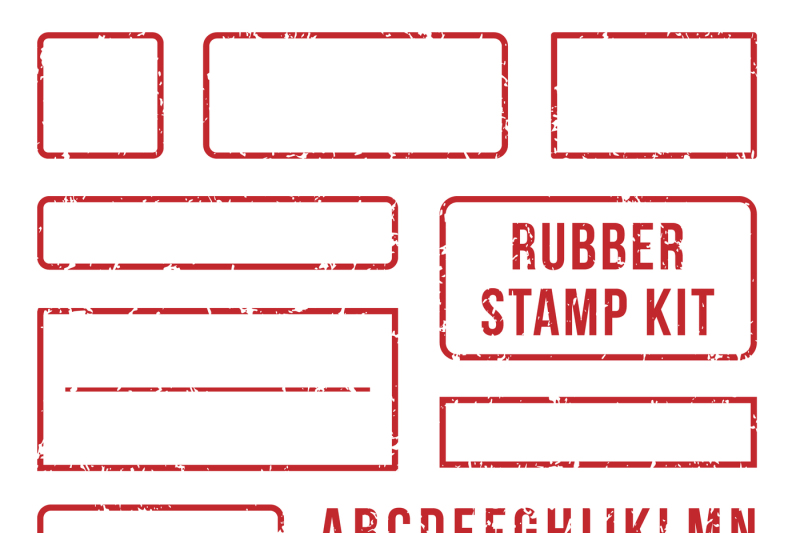 Rubber stamp letters. Red stamps frame and letterpress symbols