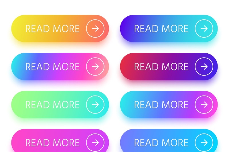 Colorful buttons with Read more sign and arrow icon. Action button wit ...