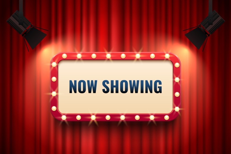 Its showtime. It is showing now. Showtime. Неоновая вывеска кинотеатр. Your time.