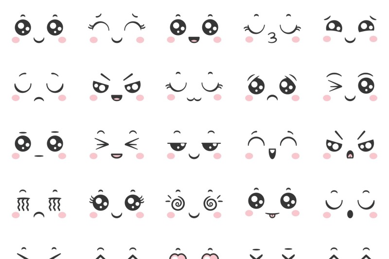 Cute doodle emoticons with facial expressions. Japanese anime style em ...