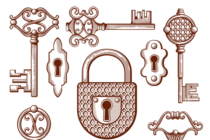 Set of hand drawn antique keys with lock. Stock Vector by ©goldenshrimp  180810474