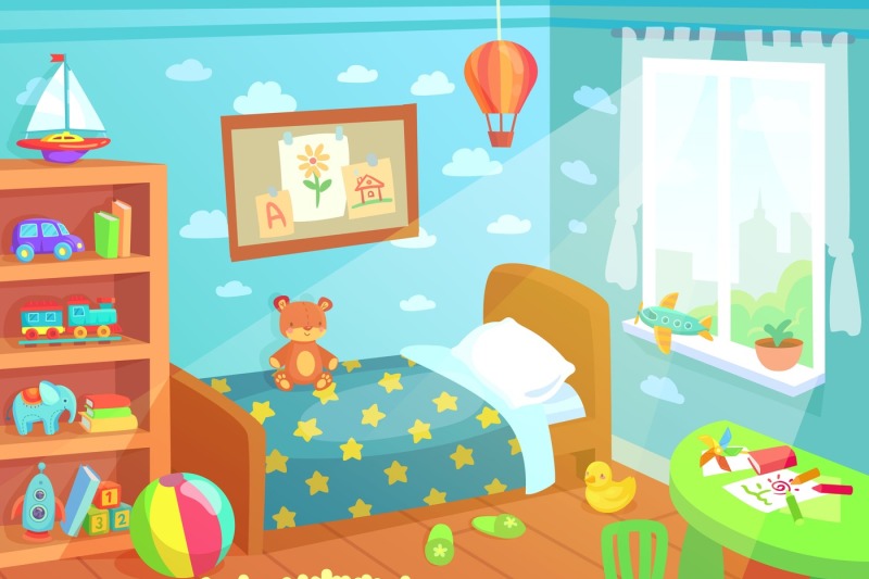Cartoon kids bedroom interior. Home childrens room with kid bed, child By  Tartila | TheHungryJPEG